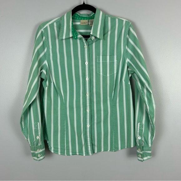 L.L. Bean Green and White Striped Shirt Size Medium - Picture 2 of 12